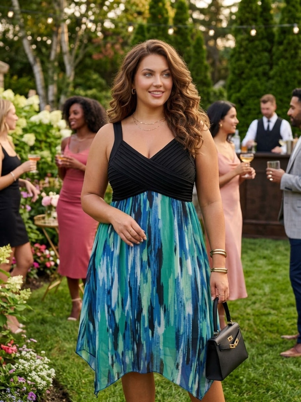 Ricki's Black Bodice Midi Dress with Blue Green Aqua Turquoise Watercolor Skirt